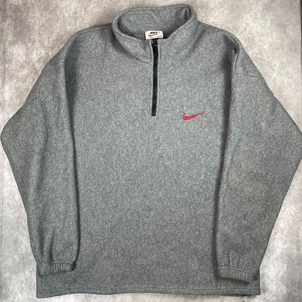Vintage Nike Quarter Zip Fleece Pullover Gray Red Swoosh Made in USA Mens XL